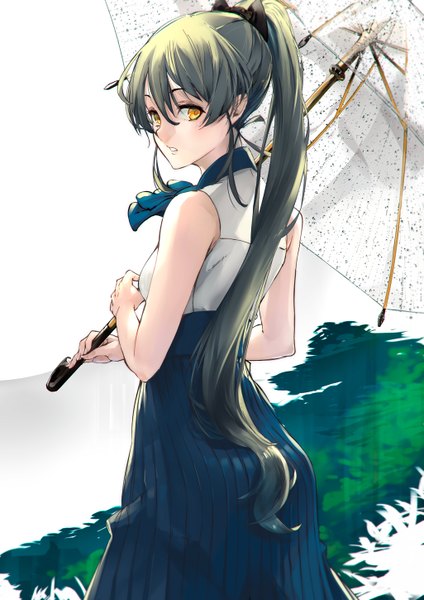 Anime picture 1025x1450 with original mille (dieci) single long hair tall image looking at viewer fringe breasts simple background hair between eyes standing bare shoulders holding yellow eyes ponytail parted lips pleated skirt looking back green hair from behind
