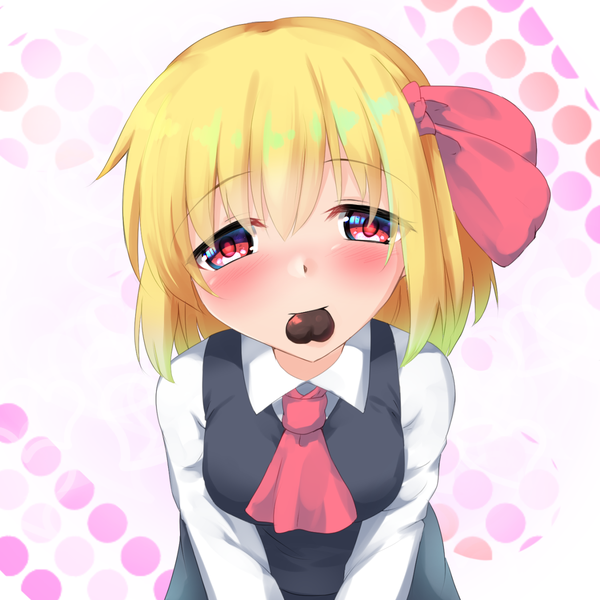 Anime picture 1350x1350 with touhou rumia rody (hayama yuu) single looking at viewer blush fringe short hair blonde hair hair between eyes red eyes holding from above mouth hold valentine girl ribbon (ribbons) hair ribbon food sweets
