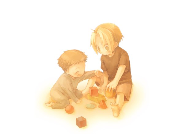 Anime picture 1616x1177 with fullmetal alchemist studio bones edward elric alphonse elric k z (pixiv) short hair open mouth simple background blonde hair brown hair white background eyes closed barefoot siblings brothers playing boy toy t-shirt child (children)