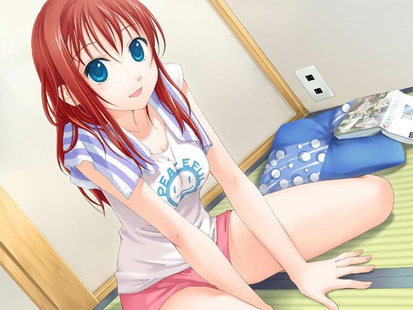 Anime picture 1024x768 with amanatsu ayase mao ginta single blue eyes smile sitting game cg red hair towel around neck girl shorts towel tatami