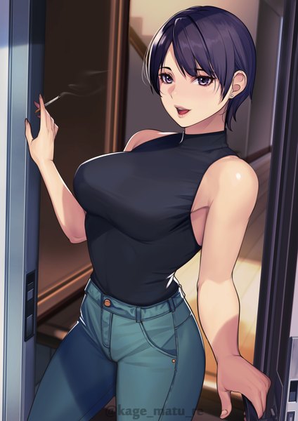 Anime picture 1736x2456 with original kagematsuri single tall image looking at viewer fringe highres short hair breasts open mouth smile standing purple eyes bare shoulders holding signed purple hair :d sleeveless twitter username