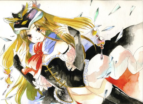 Anime picture 1228x893 with mawaru penguindrum takakura himari princess of the crystal sugi (artist) single long hair blonde hair red eyes bare shoulders light smile traditional media watercolor (medium) girl thighhighs dress black thighhighs hat detached sleeves debris