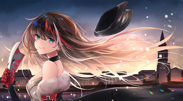 Anime picture 1200x667 with azur lane deutschland (azur lane) oshishio single looking at viewer blush fringe breasts blue eyes black hair smile hair between eyes wide image bare shoulders holding upper body outdoors white hair red hair multicolored hair