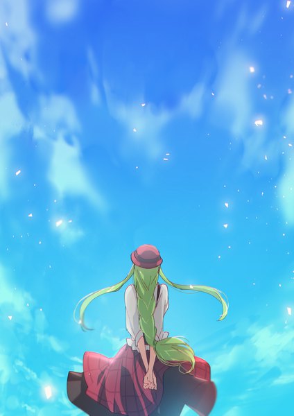 Anime picture 800x1131 with code geass sunrise (studio) c.c. creayus single long hair tall image standing payot sky cloud (clouds) outdoors braid (braids) green hair wind from behind low ponytail hands behind back girl dress