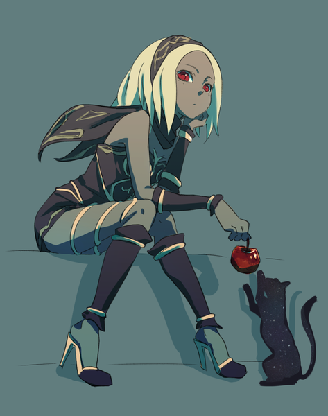 Anime picture 788x1000 with gravity daze kat (gravity daze) dusty (gravity daze) ammonio single long hair tall image looking at viewer simple background red eyes sitting bare shoulders full body grey background arm support high heels dark skin girl detached sleeves animal