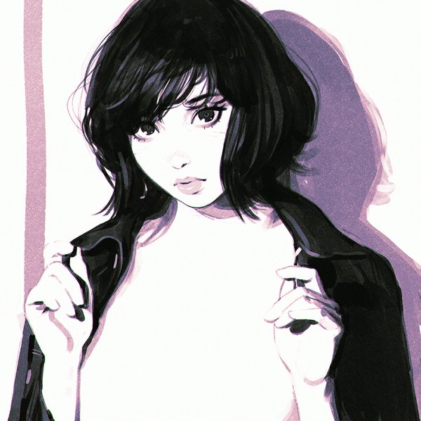 Anime picture 1080x1080 with original ilya kuvshinov single looking at viewer blush fringe short hair light erotic white background upper body lips realistic open clothes shadow open shirt monochrome convenient censoring adjusting clothes partially colored girl