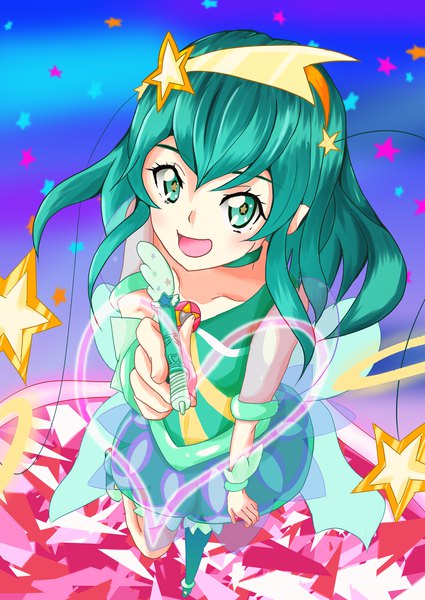 Anime picture 2508x3541 with precure star twinkle precure toei animation hagoromo lala cure milky nonoshimaq single long hair tall image looking at viewer fringe highres open mouth hair between eyes aqua eyes from above aqua hair symbol-shaped pupils magical girl girl