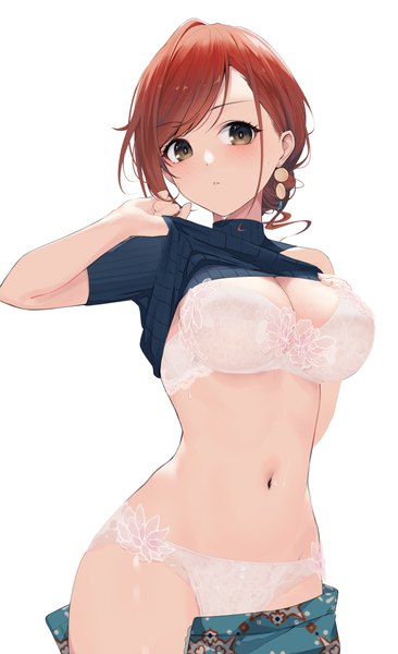 Anime picture 2316x3800 with idolmaster idolmaster shiny colors arisugawa natsuha gin00 single tall image looking at viewer blush fringe highres short hair breasts light erotic simple background large breasts standing white background brown eyes red hair parted lips