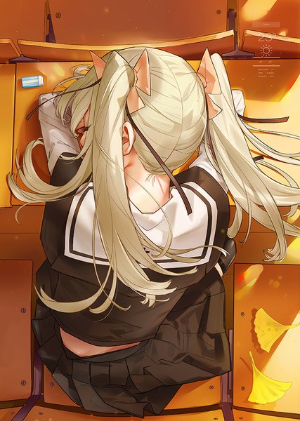 Anime-Bild 712x1000 mit original el-zheng single long hair tall image blonde hair twintails indoors eyes closed pleated skirt from above from behind sunlight sleeping autumn classroom cover cover page girl skirt