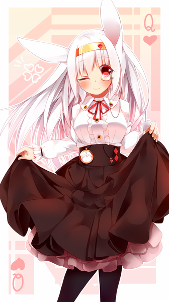 Anime picture 700x1250 with original autumn dawn single long hair tall image blush fringe smile red eyes standing holding animal ears white hair one eye closed bunny ears card (medium) albino girl skirt pantyhose