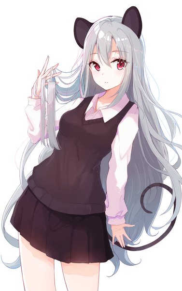 Anime picture 900x1431 with touhou nazrin hyakunin momoko single long hair tall image looking at viewer fringe simple background hair between eyes red eyes standing white background animal ears silver hair tail animal tail pleated skirt adjusting hair alternate hairstyle