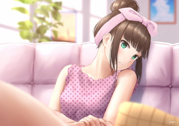 Anime picture 1286x910 with love live! sunshine!! sunrise (studio) love live! kurosawa dia papi (papiron100) single blush fringe short hair brown hair sitting bare shoulders green eyes signed payot upper body indoors blunt bangs parted lips head tilt