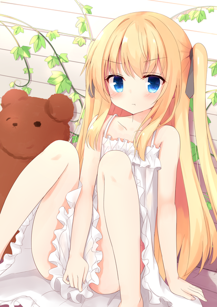 Anime picture 1158x1638 with original hiragana ababa single long hair tall image looking at viewer blush fringe blue eyes light erotic sitting bent knee (knees) blunt bangs arm support two side up lolicon against wall between thighs :t pout