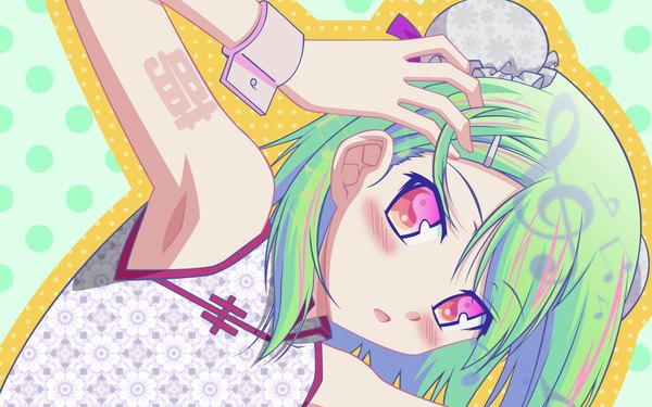 Anime picture 1920x1200 with baka to test to shoukanjuu silver link kinoshita hideyoshi single blush highres red eyes wide image green hair hair bun (hair buns) chinese clothes otoko no ko boy wrist cuffs chinese dress bun cover