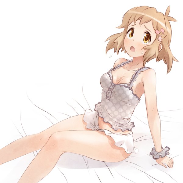 Anime picture 1600x1600 with senki zesshou symphogear satelight tachibana hibiki unyon single looking at viewer blush open mouth light erotic sitting bare shoulders yellow eyes cleavage ahoge arm support bare legs midriff embarrassed girl hair ornament
