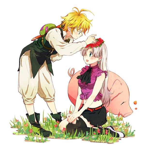 イラスト 800x800 と nanatsu no taizai a-1 pictures elizabeth liones meliodas hawk (nanatsu no taizai) 野狭 長髪 赤面 前髪 短い髪 開いた口 青い目 simple background 金髪 笑顔 白背景 座る 緑の目 looking away 銀髪