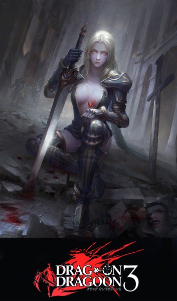 Anime picture 1178x2000 with drakengard drag-on dragoon 3 five (drag-on dragoon) yijian ma long hair tall image breasts light erotic blonde hair yellow eyes cleavage lips copyright name pale skin forehead mark convenient leg blood stains broken knight girl