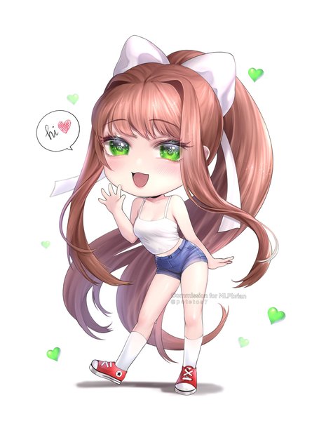 Anime picture 1553x2048 with doki doki literature club monika (doki doki literature club) potetos7 single tall image looking at viewer blush fringe open mouth simple background smile brown hair standing white background green eyes signed payot cleavage full body ponytail