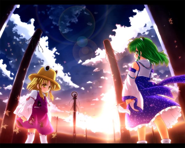 Anime picture 1280x1024 with touhou kochiya sanae moriya suwako yasaka kanako etogami kazuya letterboxed girl skirt skirt set