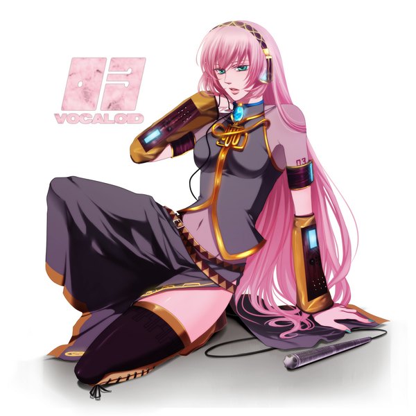 Anime picture 1000x1000 with vocaloid megurine luka wii hola single long hair simple background white background twintails green eyes pink hair girl thighhighs skirt navel black thighhighs detached sleeves miniskirt boots headphones skirt set
