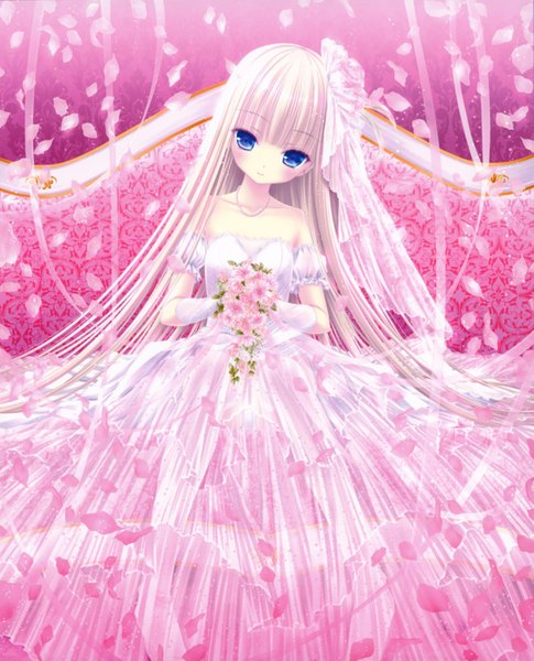 Anime picture 1676x2072 with original tinker bell single long hair tall image looking at viewer blush highres blue eyes blonde hair girl dress flower (flowers) petals couch bouquet wedding dress