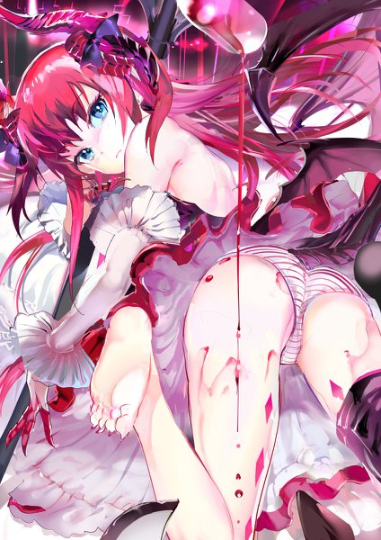 Anime picture 848x1200 with fate (series) fate/grand order fate/extra fate/extra ccc elizabeth bathory (fate) (all) elizabeth bathory (fate) 119 single long hair tall image looking at viewer blush fringe blue eyes light erotic pink hair ass tail lying looking back