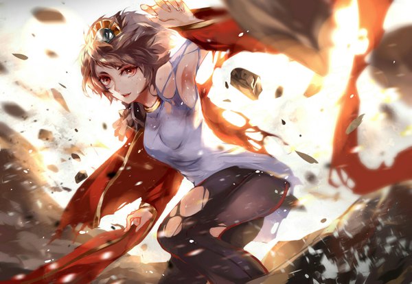 Anime picture 2457x1698 with league of legends taliyah (league of legends) vardan single looking at viewer fringe highres short hair smile brown hair brown eyes bent knee (knees) arm up blurry armpit (armpits) torn clothes light destruction explosion girl