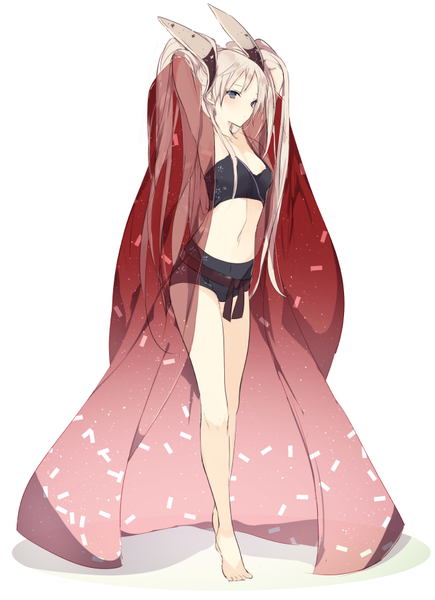 Anime picture 650x895 with original lpip single long hair tall image looking at viewer blush blue eyes simple background standing white background twintails bare shoulders cleavage silver hair full body barefoot bare legs bare belly midriff
