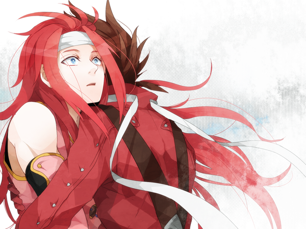 Anime picture 1600x1200 with tales of (series) tales of symphonia lloyd irving zelos wilder yon (artist) long hair short hair blue eyes brown hair white background red hair hug shounen ai boy hachimaki
