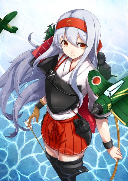 Anime picture 2553x3625 with kantai collection shoukaku aircraft carrier asya single long hair tall image looking at viewer highres brown eyes silver hair traditional clothes japanese clothes girl skirt weapon miniskirt water armor thigh boots headband