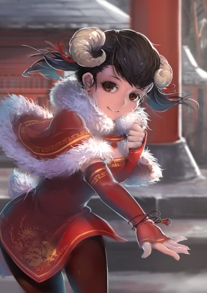 Anime picture 2480x3507 with original sola7764 single long hair tall image looking at viewer highres black hair smile brown eyes traditional clothes japanese clothes horn (horns) fur trim outstretched arm girl fur