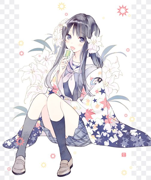 Anime-Bild 840x1000 mit hanayamata madhouse nishimikado tami horiizumi inko single long hair tall image looking at viewer fringe open mouth blue eyes black hair white background sitting full body bent knee (knees) traditional clothes japanese clothes hair flower knees together feet apart