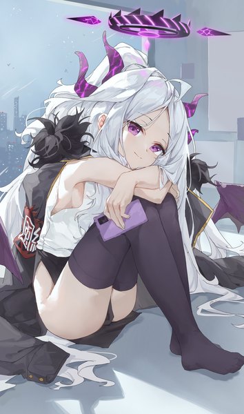 Anime picture 2092x3543 with blue archive hina (blue archive) sentter single long hair tall image looking at viewer highres breasts light erotic smile sitting purple eyes holding sky silver hair full body ahoge bent knee (knees) indoors