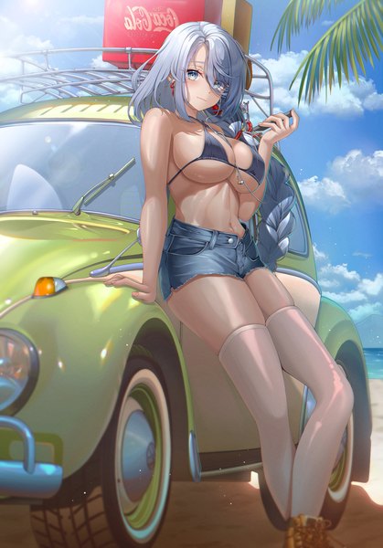 Anime picture 1500x2149 with genshin impact coca-cola volkswagen shenhe (genshin impact) ssong2 single long hair tall image looking at viewer fringe breasts blue eyes light erotic large breasts standing holding sky cleavage silver hair cloud (clouds)