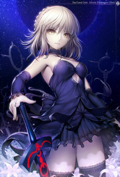 Anime picture 750x1103 with fate (series) fate/grand order type-moon artoria pendragon (all) saber alter hisahisahisahisa single tall image looking at viewer short hair light erotic blonde hair yellow eyes sky braid (braids) inscription revision girl thighhighs dress