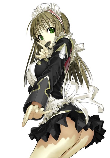Anime picture 1329x1908 with super robot wars setsuko ohara nakabayashi reimei single long hair tall image light erotic simple background brown hair white background green eyes ass pleated skirt maid mouth hold upskirt girl food headdress sweets