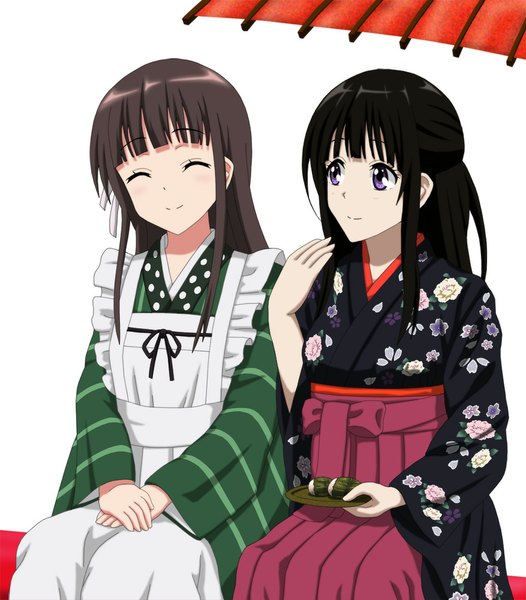 Anime picture 877x1000 with gochuumon wa usagi desu ka? hyouka kyoto animation white fox chitanda eru ujimatsu chiya cp9a long hair tall image black hair simple background smile white background sitting purple eyes multiple girls eyes closed traditional clothes japanese clothes crossover