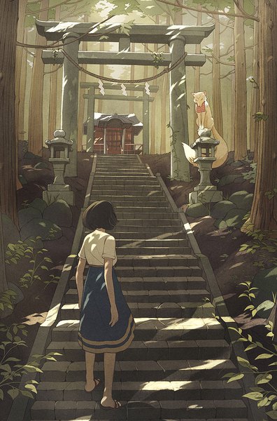 Anime picture 700x1061 with original kevin hong tall image short hair black hair standing looking away outdoors sunlight shadow short sleeves girl skirt plant (plants) animal tree (trees) forest lantern stairs sandals