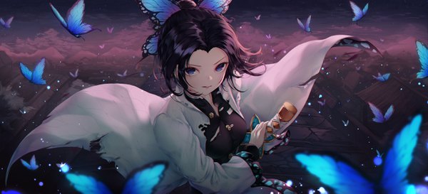 Anime picture 2560x1165 with kimetsu no yaiba ufotable kochou shinobu h2o (dfo) single looking at viewer highres short hair breasts black hair wide image purple eyes payot sky cloud (clouds) outdoors traditional clothes parted lips japanese clothes blurry