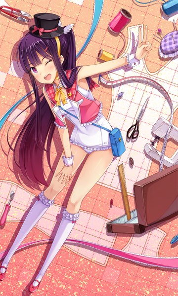 Anime picture 735x1225 with original yokaze japan single long hair tall image looking at viewer blush open mouth purple eyes purple hair one eye closed wink girl hat socks frills white socks mini hat mini top hat