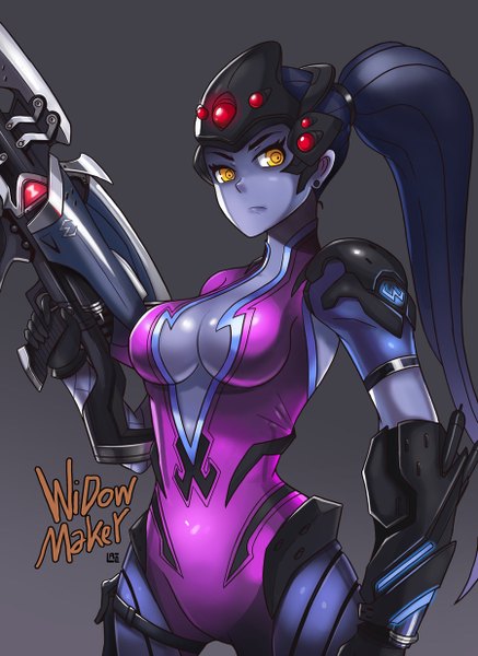Anime picture 900x1235 with overwatch blizzard entertainment widowmaker (overwatch) latae delan (artist) single long hair tall image breasts light erotic simple background blue hair cleavage ponytail orange eyes black background blue skin girl weapon gun bodysuit