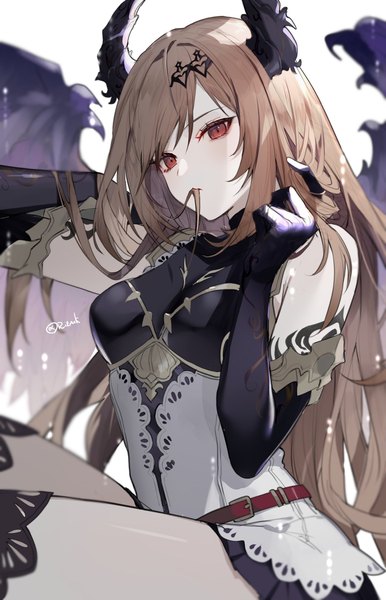 Anime picture 1317x2048 with shingeki no bahamut granblue fantasy dark angel olivia rilmok single long hair tall image looking at viewer fringe breasts simple background blonde hair hair between eyes red eyes white background sitting signed payot head tilt pleated skirt