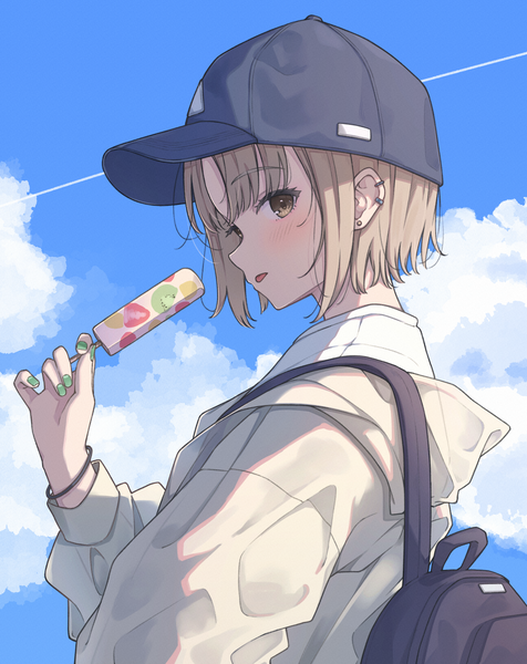 Anime picture 2591x3267 with virtual youtuber nijisanji sister cleaire ene mizunoawa single tall image looking at viewer blush highres short hair blonde hair brown eyes sky cloud (clouds) upper body outdoors alternate costume piercing ear piercing alternate hairstyle