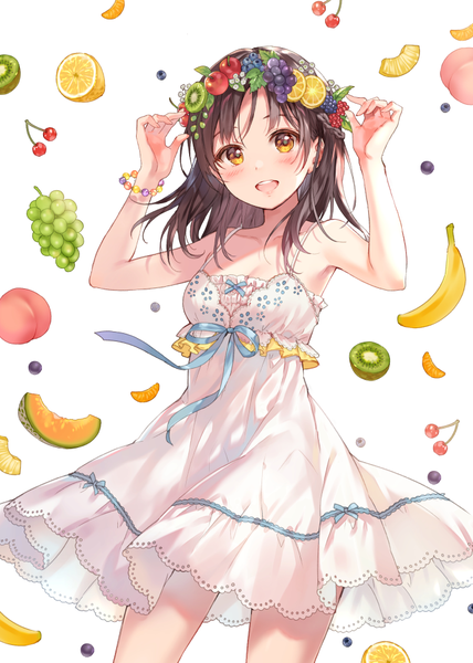 Anime picture 713x1000 with original fukahire (ruinon) single long hair tall image looking at viewer blush open mouth brown hair white background bare shoulders yellow eyes :d arms up girl dress food bracelet sundress fruit