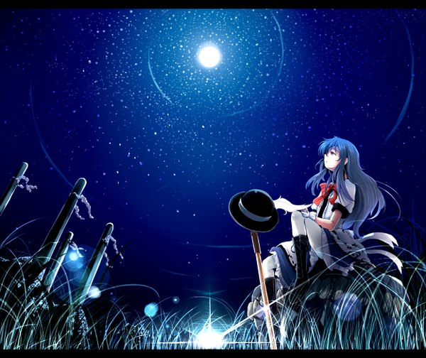 Anime picture 1250x1050 with touhou hinanawi tenshi nejime long hair red eyes sitting blue hair profile night sky girl dress hat boots star (stars) full moon