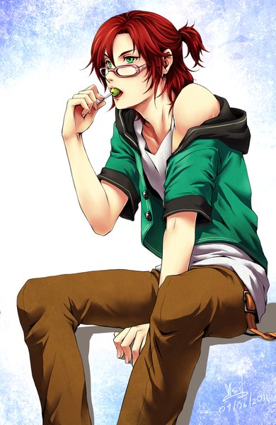 Anime picture 1500x2307 with original v-sil single tall image short hair open mouth simple background sitting green eyes signed ponytail red hair open clothes open jacket half updo boy glasses belt candy lollipop