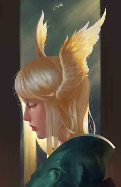 Anime picture 1500x2325 with original regition single long hair tall image fringe blonde hair signed eyes closed profile lips head wings girl wings