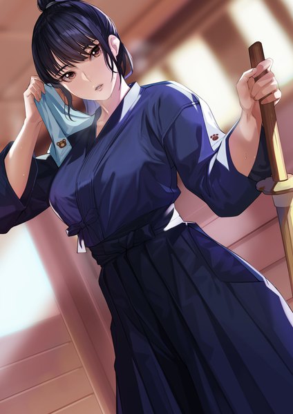Anime picture 1736x2456 with original kagematsuri single long hair tall image looking at viewer fringe highres breasts black hair standing holding brown eyes payot ponytail indoors blunt bangs traditional clothes parted lips japanese clothes