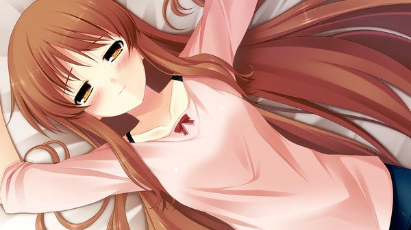 Anime picture 1280x720 with chuning lover hyoudou jun koso single long hair blush brown hair wide image brown eyes game cg lying girl