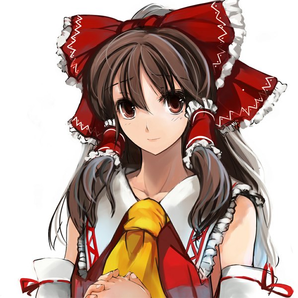 Anime picture 1000x1000 with touhou hakurei reimu pupps single long hair looking at viewer simple background red eyes brown hair white background girl bow hair bow detached sleeves